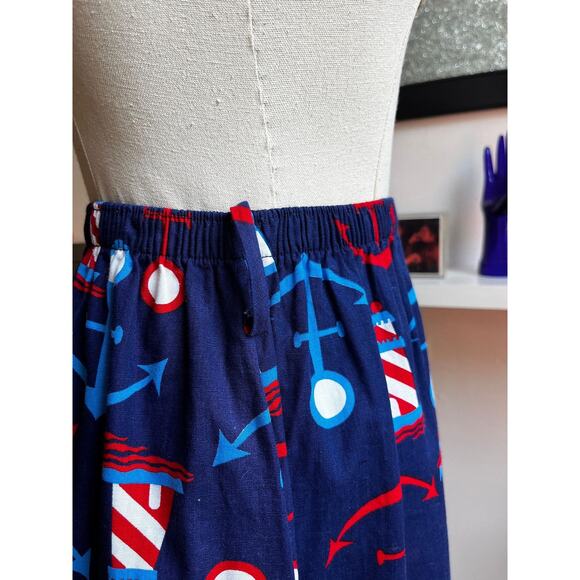 Vintage 60s Nautical Anchor Print Maxi Skirt | 1960s Red Blue Lighthouse A‑Line - Picture 4 of 8